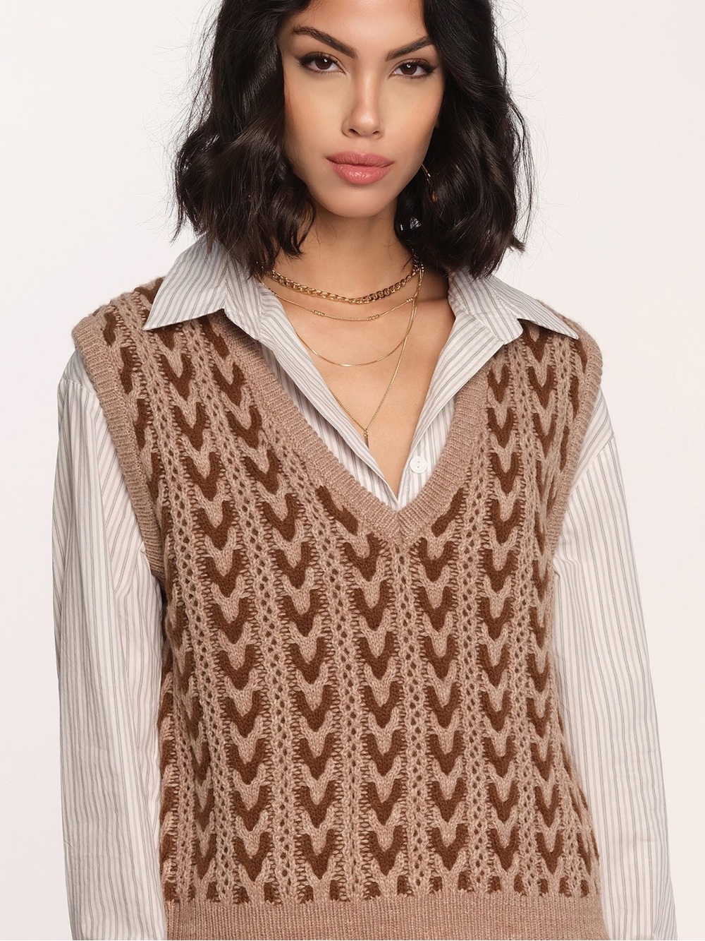 Heartloom Phoenix Herringbone Knit Sweater Vest Mocha Preppy Boho Chic Size M